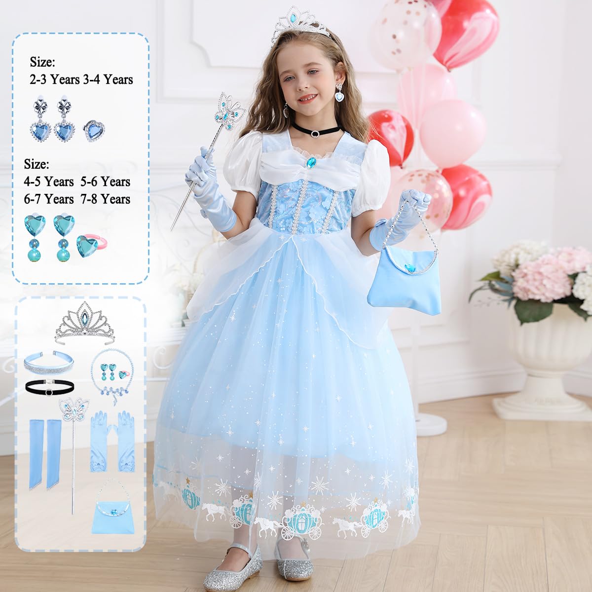 Luzlen Cinderella Costume for Girls Blue Princess Dress for Kids with Puffy Sleeves Halloween Birthday Party Outfit,7-8 Years(La