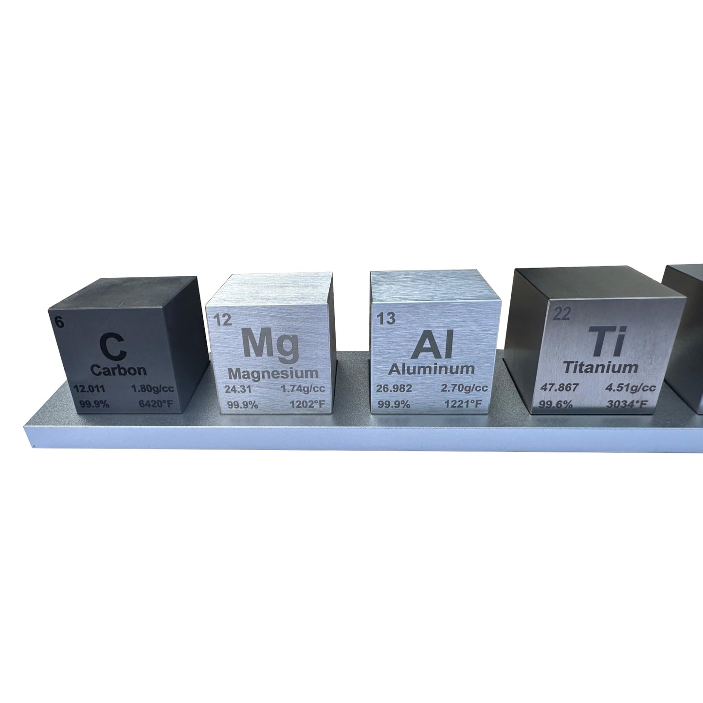 Heavenly Metals 1.5" Element Cube Set - 7 Pure Metal Density Cubes with Engraved Atomic Data - Science Specimens + Display Stand
