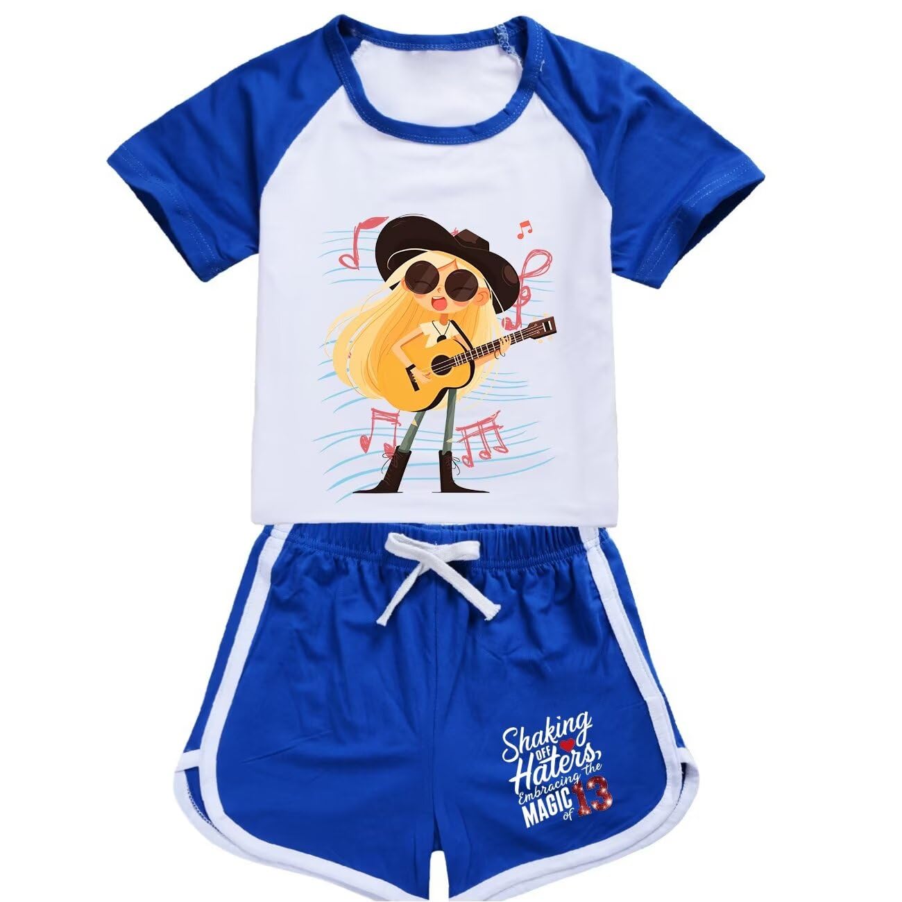 Hecendolame Short Sleeve cute Costume Princess suit Kids Children Girls T-shirt and Shorts Outfit Sets Sea blue to 13-14years