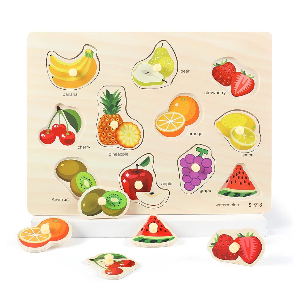 Grinnnie Wooden Peg Puzzle For Toddlers 2 3 4 Years Old, 4 Pcs Montessori Educational Learning Puzzles Set-Numbers, Letters, Animals And Fruits, Great Preschool Gifts For Girls And Boys