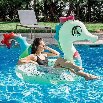PoolCandy Inflatable Animal Pool Tubes & Swim Rings (Seahorse 48'' inch Glitter Animal Pool Tube Swim Ring)