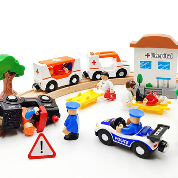 Magnetic Trains Cars Playset Wooden Train Track Accessories Station Wagon Train Set For Toddlers 3-5 Wooden Train Sets For Boys Girls Ages 3-4-7 (Ambulance B (With Light And Sound))
