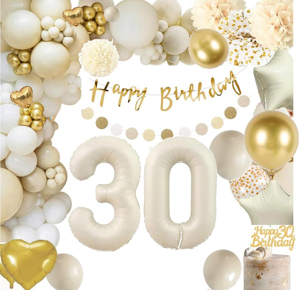 30Th Birthday Decorations For Her, Gold Happy 30Th Birthday Decorations Beige Gold And White Balloons Happy Birthday Banner Cake