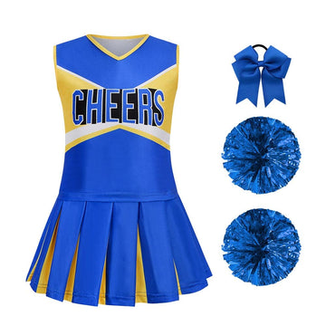 LMYOVE Cheerleader Costume for Girls, Cheerleading Outfit for Kids with Pom Pom, Child Halloween Costume Dress Uniform, Blue & Y