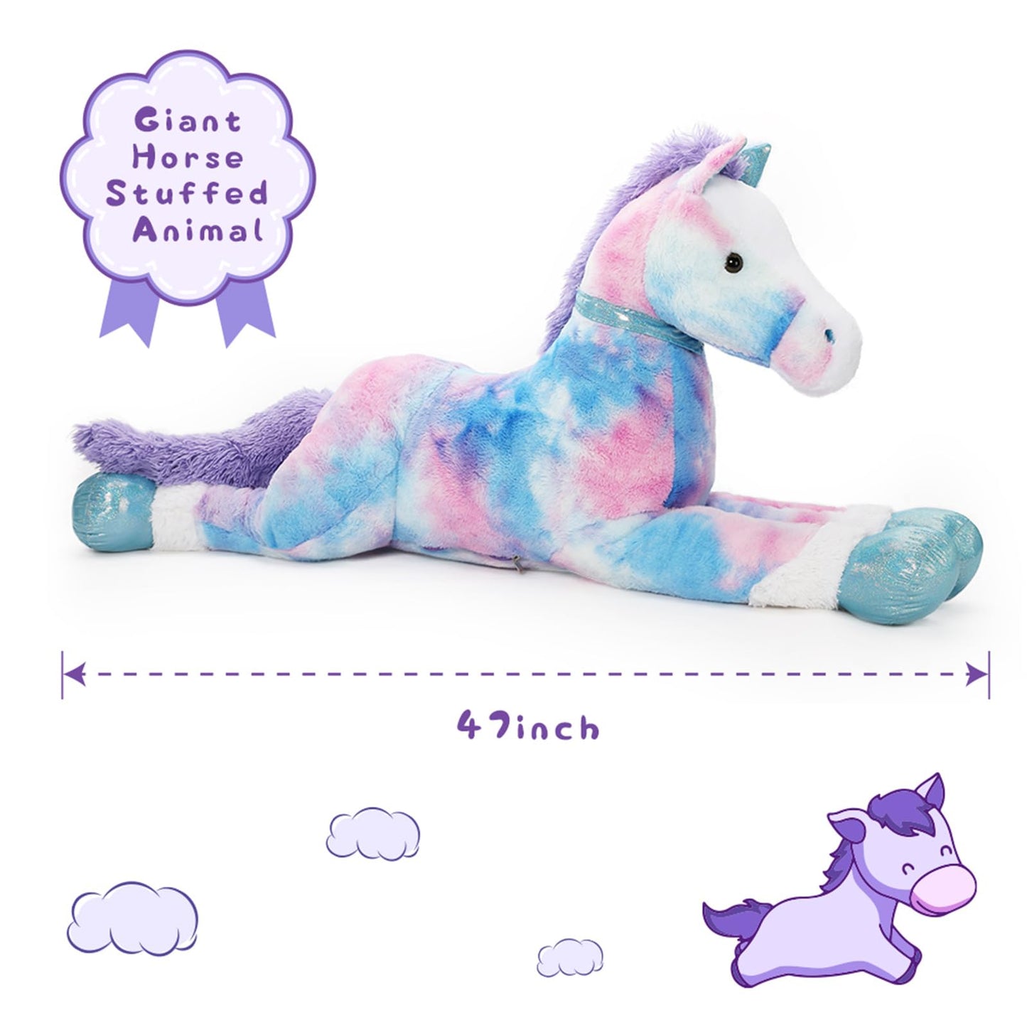 Tezituor 4ft Giant Horse Stuffed Animals  47inches Lifesize Stuffed Pony Plush Blue Horse Pillow Toy Gift for mature-themed Kids