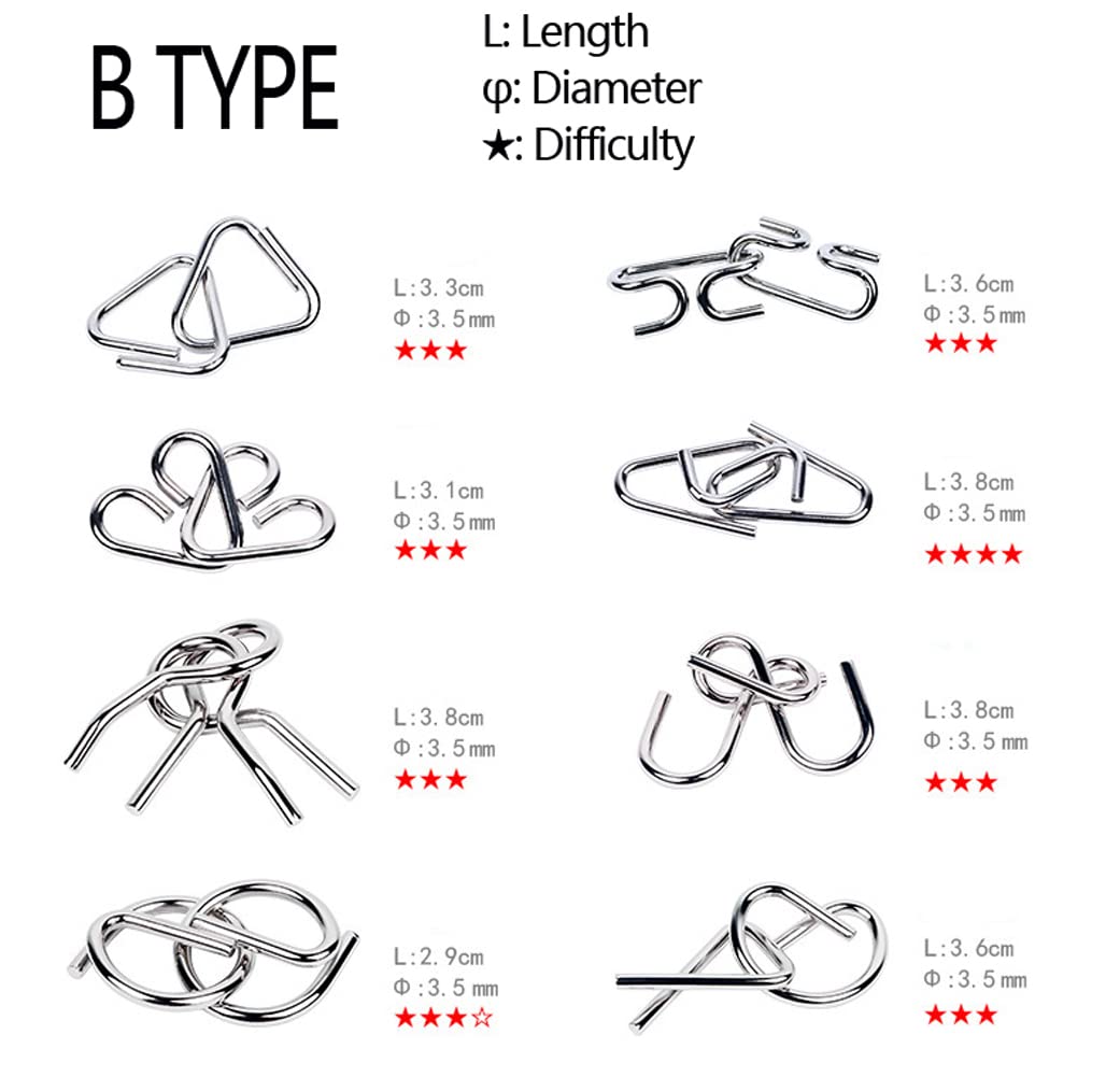 Tanch 16 Pcs Type A+B Different Brain Teaser Metal Wire Puzzles Iq Challenge Magic Trick Unlinking & Linking Game Toys For Kids