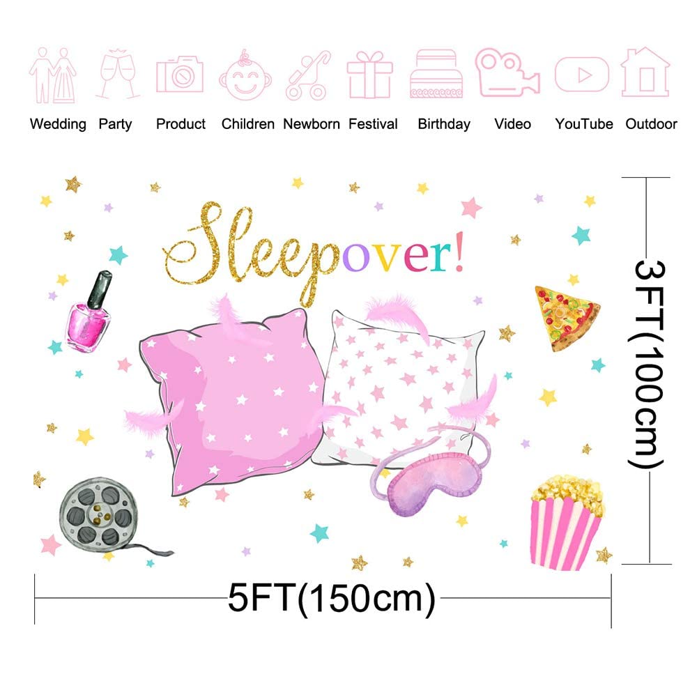 Mocsicka Sleepover Party Backdrop - Pink 5x3ft Polyester Banner for Pajama and Pillow Fight Decorations