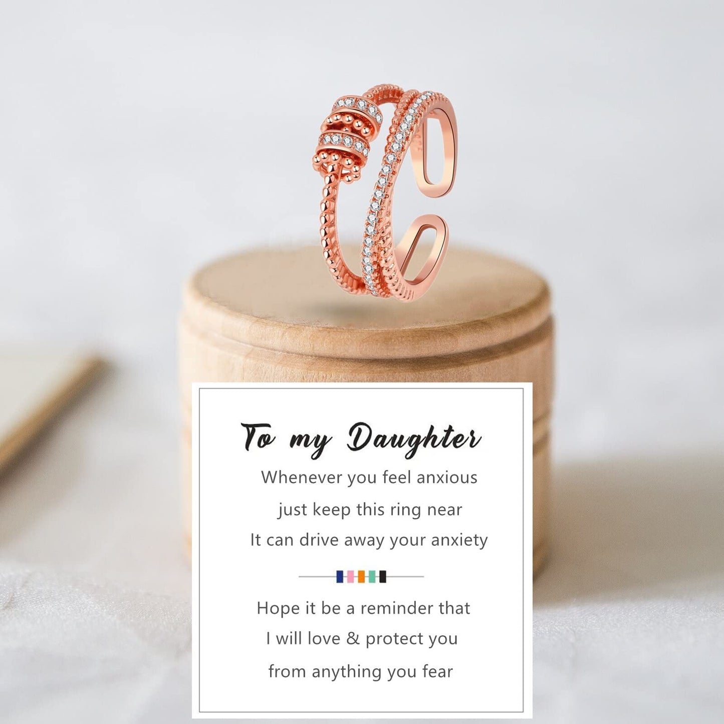 Anxiety Ring for Daughter, 18K Rose Gold Fidget Ring for Daughter from Mom to My Daughter Cubic Zirconia Adjustable Thumb Stress