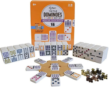 Regal Games Mexican Train Dominoes Set - Double 15 Colored Dot - 136 Tiles, 8 Metal Trains, Wooden Hub, Collector’s Tin - 2-8 Players