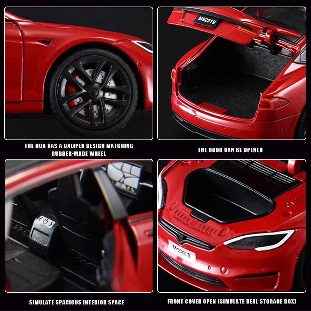 1/24 Model S Diecast Toy Car, Pull-Back Function, Sound and Lights, Perfect for Kids & Adults, Birthday Gift (Red)