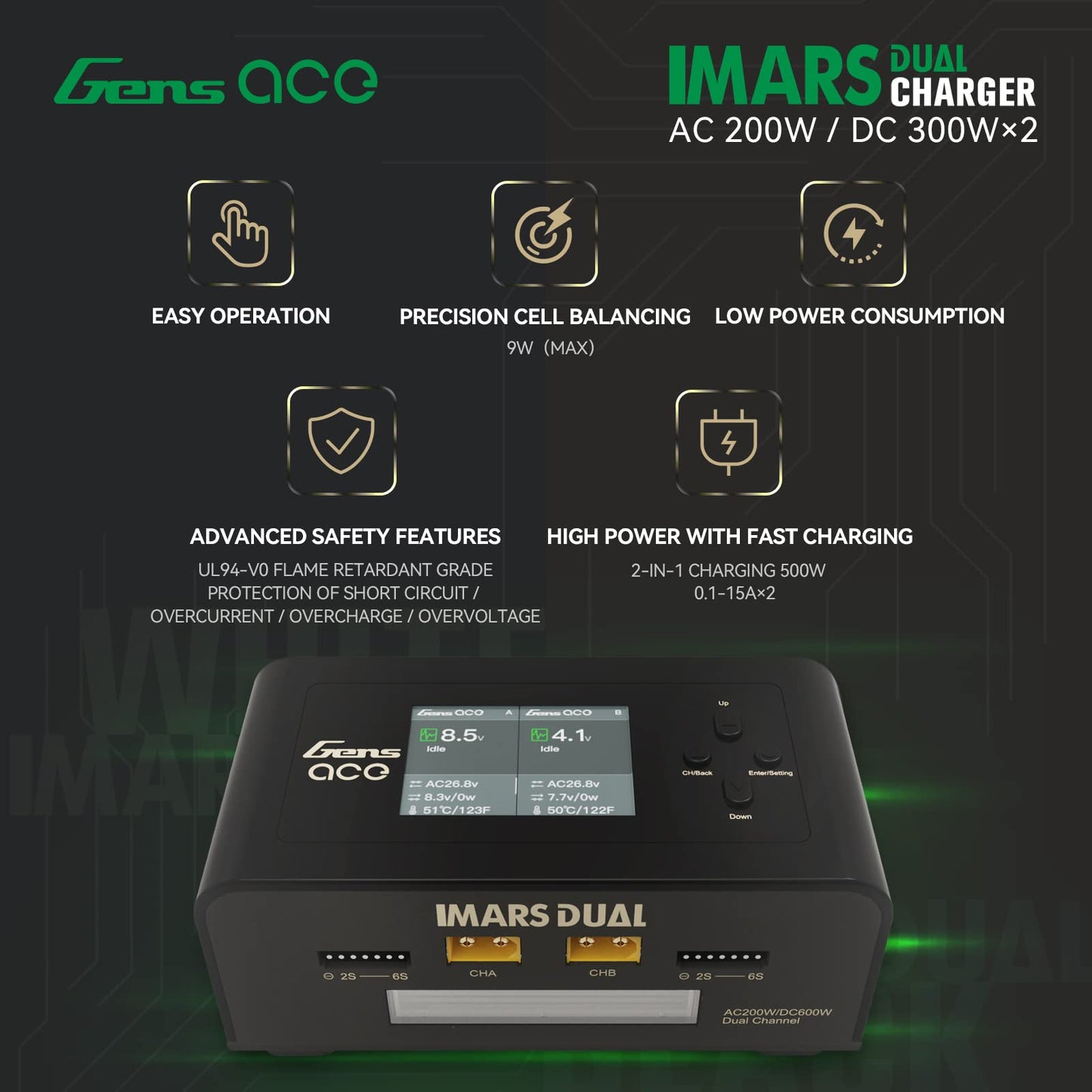 Gens Ace Lipo Battery Charger Imars Dual Smart Lipo Charger 15A AC 200W DC 600W RC Charger(Black)