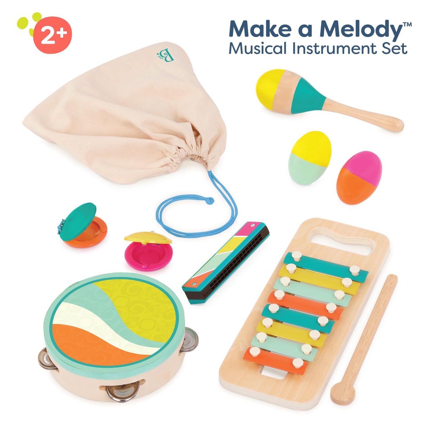 B. Toys- Make A Melody- 9Pc Wooden Musical Instruments – Xylophone, Tambourine, Harmonica – Drawstring Storage Bag – 2 Years +