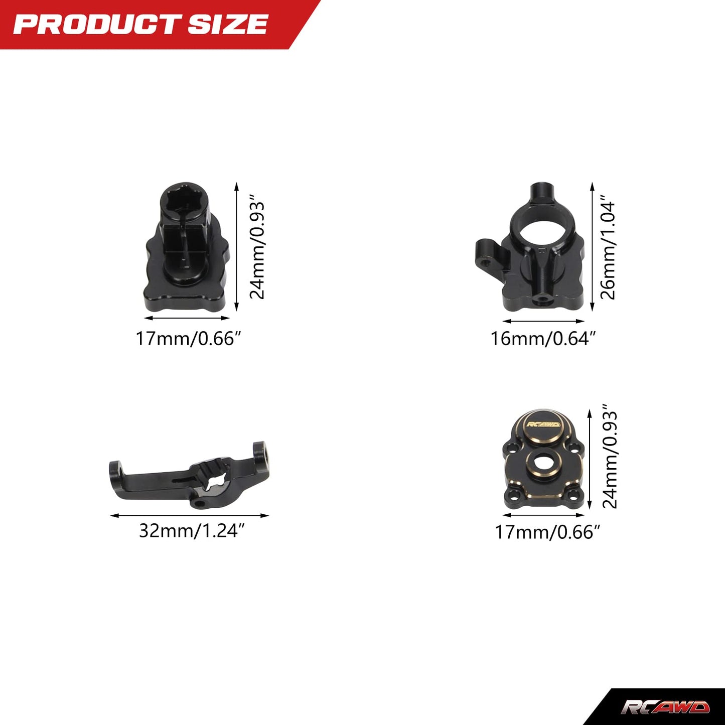 RCAWD for FMS FCX24 1/24 Weighted Upgrades Full Brass Portal Housing Front Rear & C Hub Carrier Parts Total 79g Black