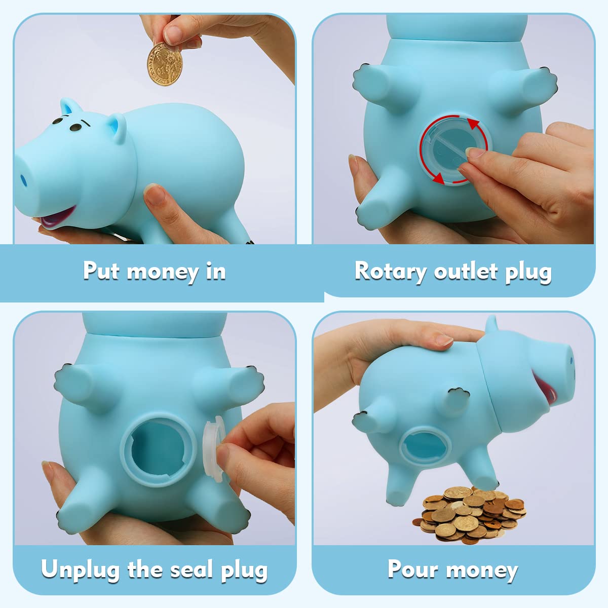 PHOCAS Hamm Piggy Bank Cute Blue Pig Money Box Plastic Saving Coin Box Money Bank for Kids Christmas Birthday Gift with Gift