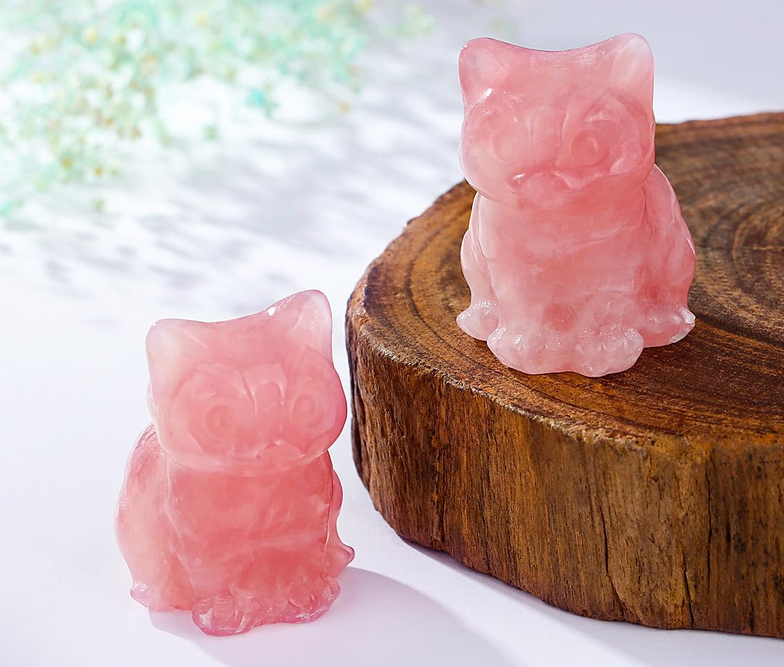 Duqguho Cat Decor Rose Quartz Cat Crystal Figurines Crystals Gifts For Cat Lovers Men Women Lucky Cute Cat Statue For Room Desk