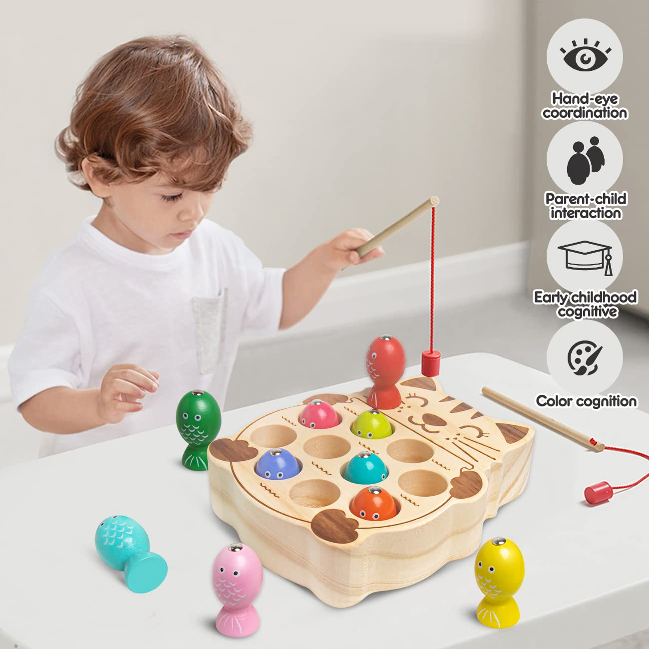 Magnetic Fishing Game,Wooden Montessori Magnetic Fishing Toys For Toddlers,Preschool Education Learning Hand-Eye Cognition & Fine Motor Skill Birthday Gifts For 3 4 5 Years Old Kids Boys Girls