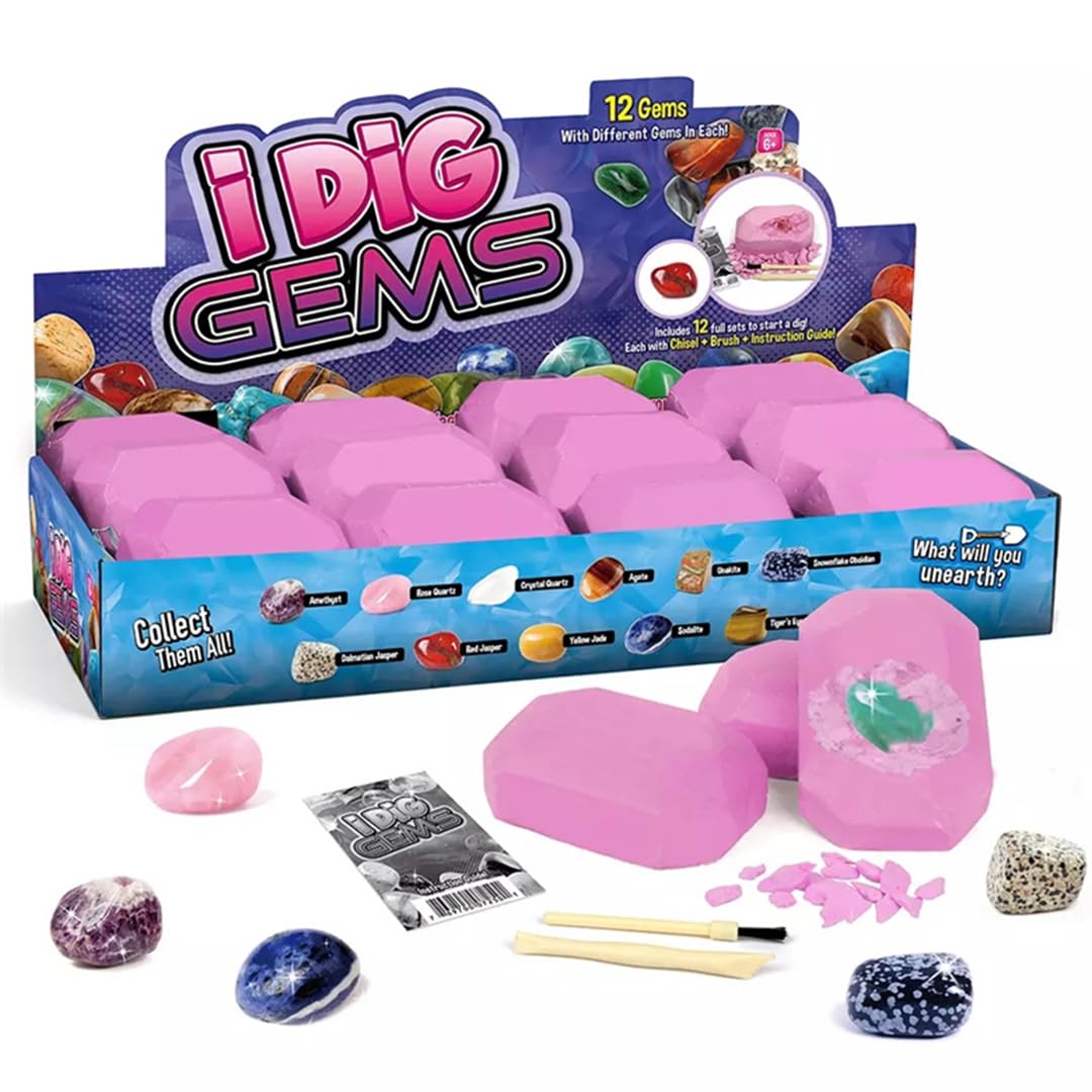 Liberty Imports 12-Pack Gem Digging Kit For Kids - Exciting Gemstone Mining Adventure - Educational Stem Crystal And Mineral Exc