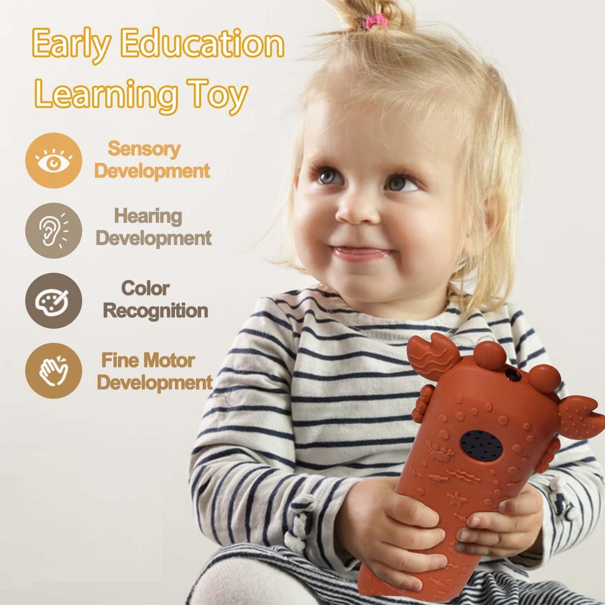 Baby Tv Remote Control Toy With Cute Crab Soft Silicone Cover Teething Toy, Realistic Baby Musical Remote Control Toy With Light & Sound, Educational Toys With 3 Language For 6M+Toddlers(Yellow)