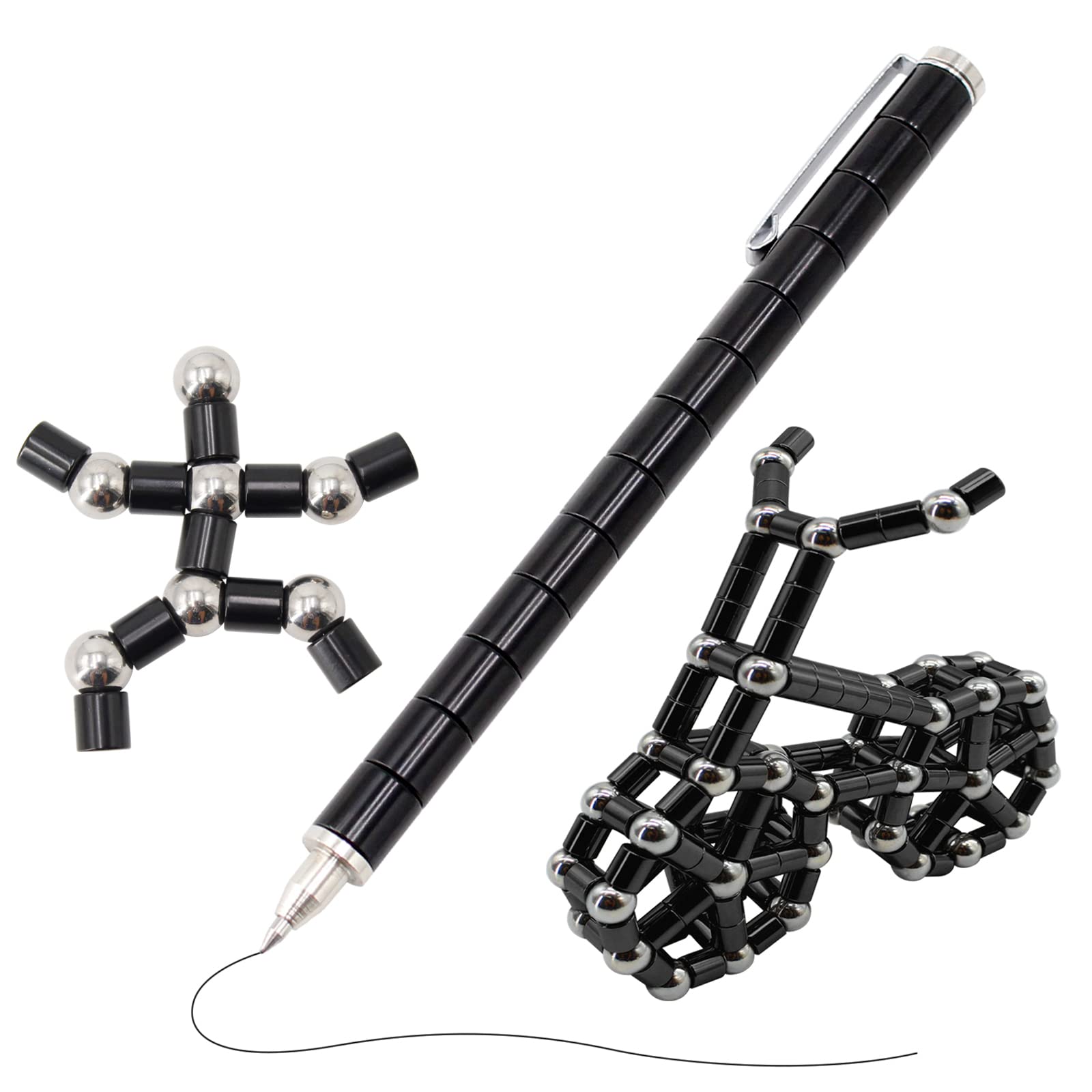 Magnetic Pen Decompression Magnet Metal Pen Fidget Pen with 13 Magnetic Rings Creative Toy Pen Can Write Intellectual Learning and Stress Reduction Gifts for Family or Friends.(Black)