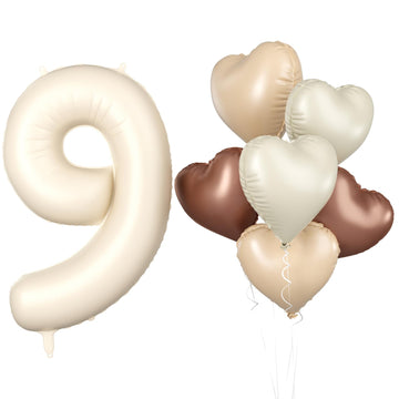 Biapian 40 Inch Cream White Number 9 Balloons, Beige White Large Number 9 Balloons With 18'' Cream Foil Heart Balloons Helium Fo