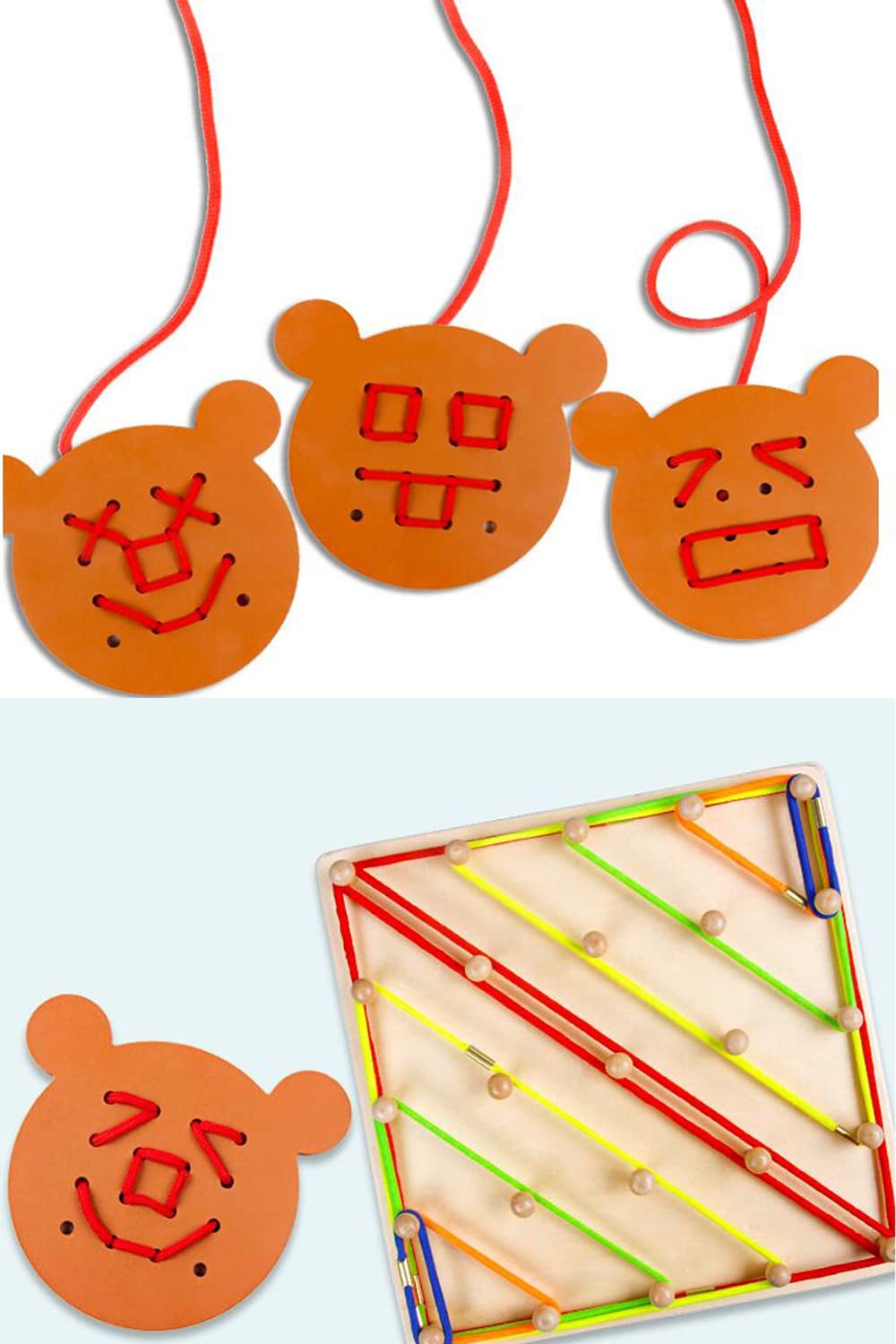 Yhzan Wooden Geoboard Graphing Peg Board Montessori Toddler Sensory Toy Colorful Rubber Bands Pattern Cards Preschool Learning G