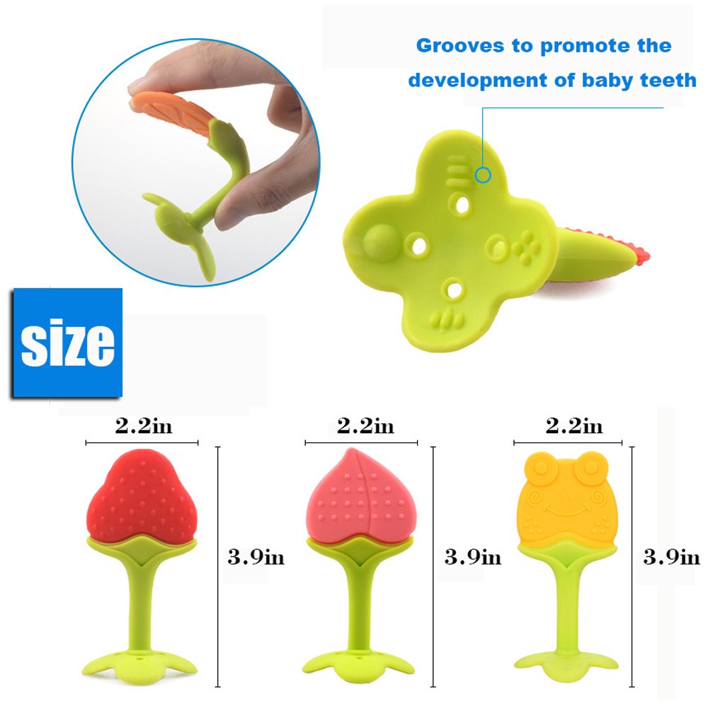 Baby Teething Toys - Natural Organic Freezer Safe Teether Set With Pacifier Clip For 3 To 12 Months Babies, Soft Silicone Fruit