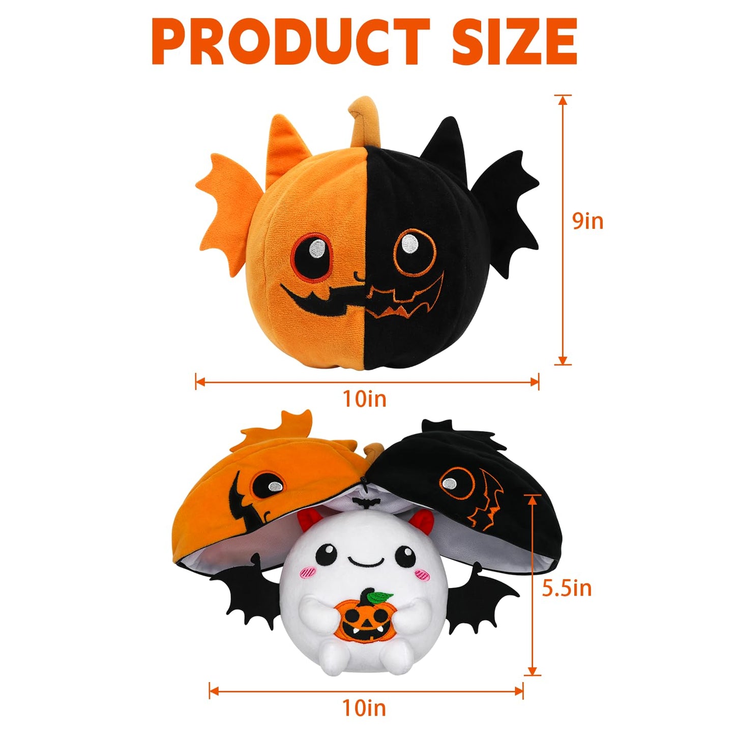 Caiyuegg Halloween Stuffed Animal Reversible Pumpkin Plush,Bat Ghost Transformed Pumpkin Plush Zipper,Halloween Bat Ghost Stuffe