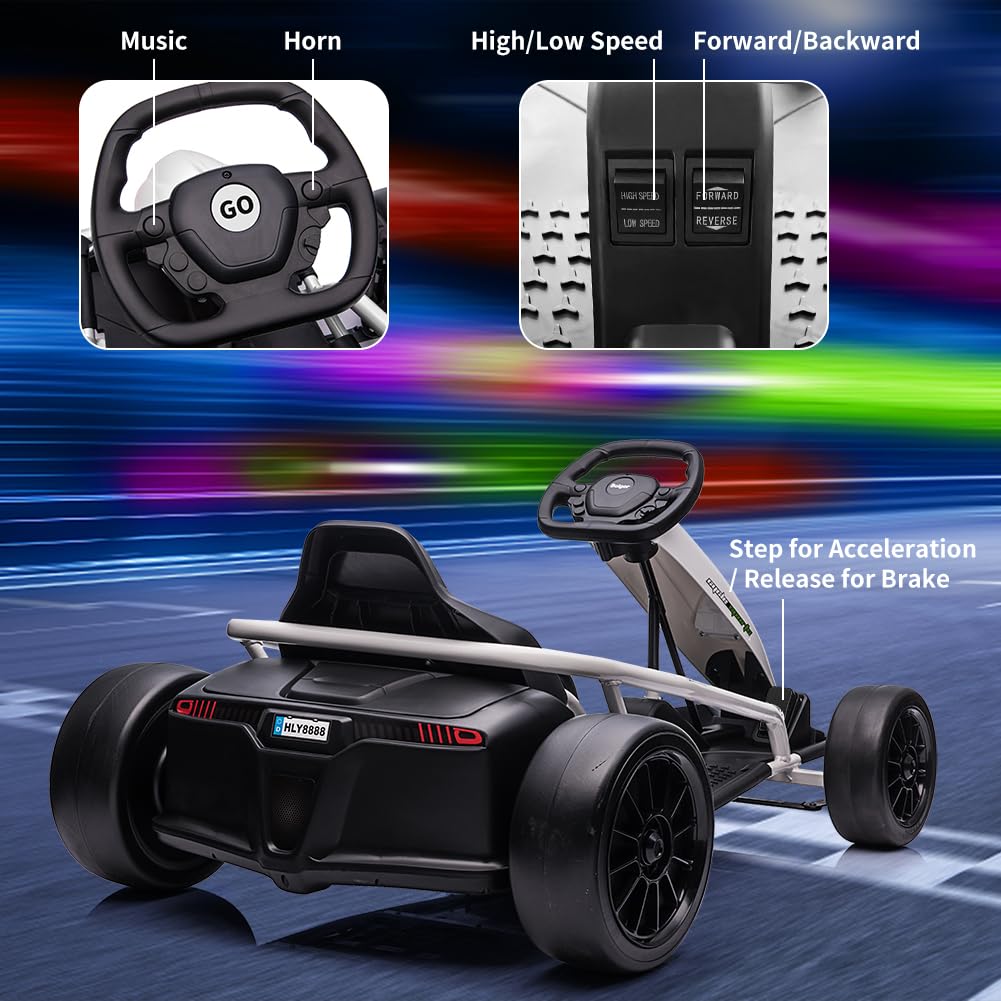 Ride on Go Kart for Kids, 24V 9Ah Battery 300W*2 Motors, 8MPH High Speed Drifting Circling Car, Slow Start Function with Music,