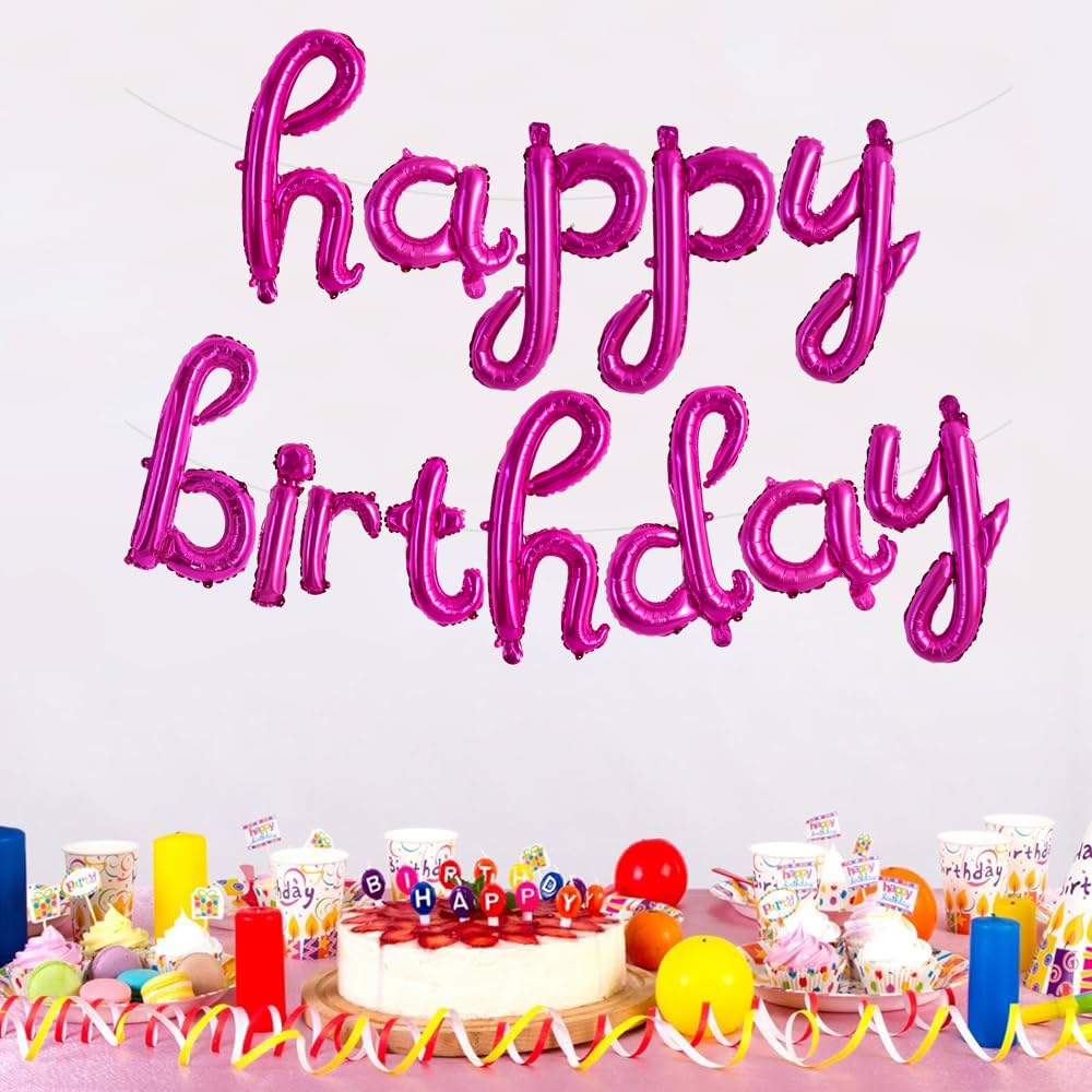 Toniful Hot Pink Happy Birthday Balloons Banner,Cursive Happy Birthday Balloons Hot Pink Birthday Decorations Hot Pink Mylar Foi