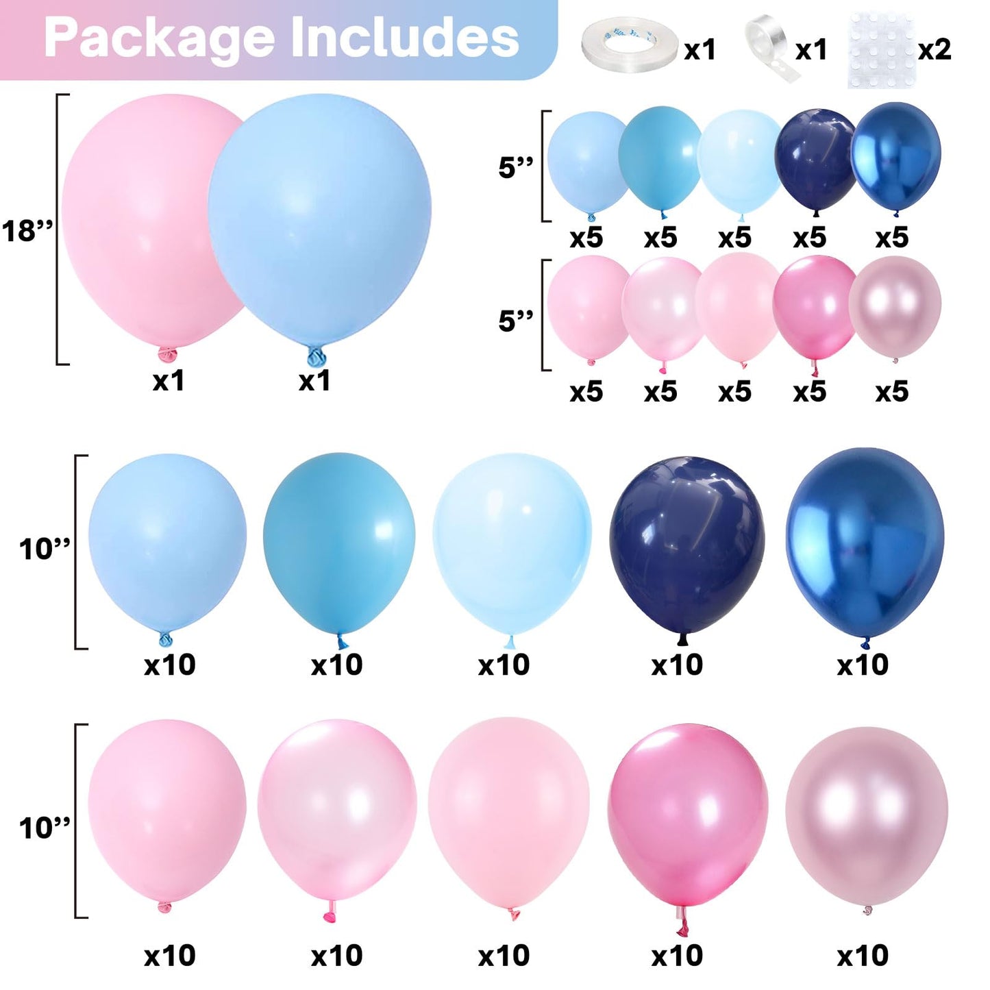 Pink Blue Balloon Arch Garland Kit, 152Pcs 18/10/5 Inch Gender Reveal Balloons, Metallic Blue Pink Mixed Party Balloons Pearl Bl