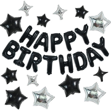 Toniful 35Pcs Black Happy Birthday Decorations Kit 16 Inch Happy Birthday Balloon Banner With Star Balloons Mylar Foil Birthday