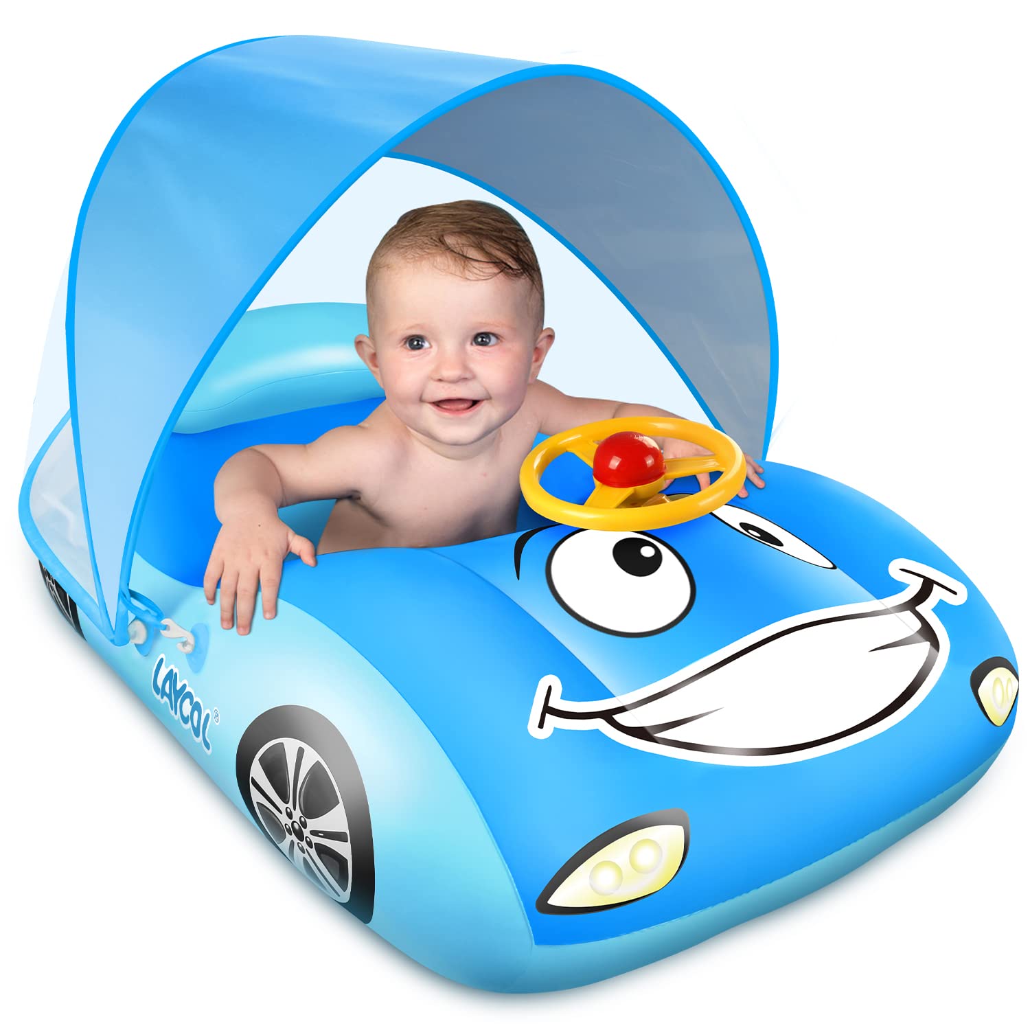 Laycol Baby Pool Float With Upf50+ Adjustable Canopy,Car Shaped Baby Swimming Float,Infant Baby Floatie,Toddler Pool Float For Baby 3-36 Months