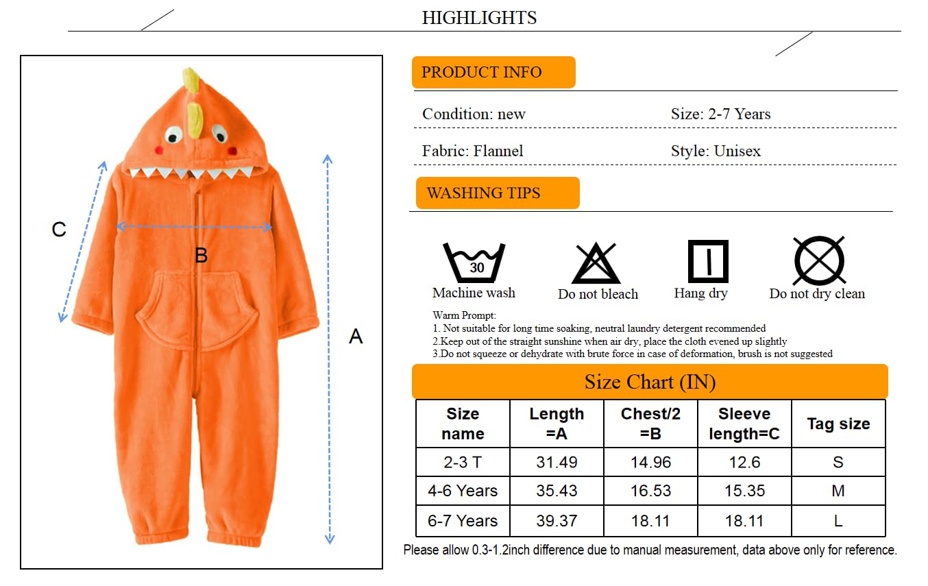 Lolanta Boys Girls Dinosaur Costume Jumpsuits Soft Halloween Animal One-Piece Kids Birthday Christmas Gift (Orange, 4-6 Years)