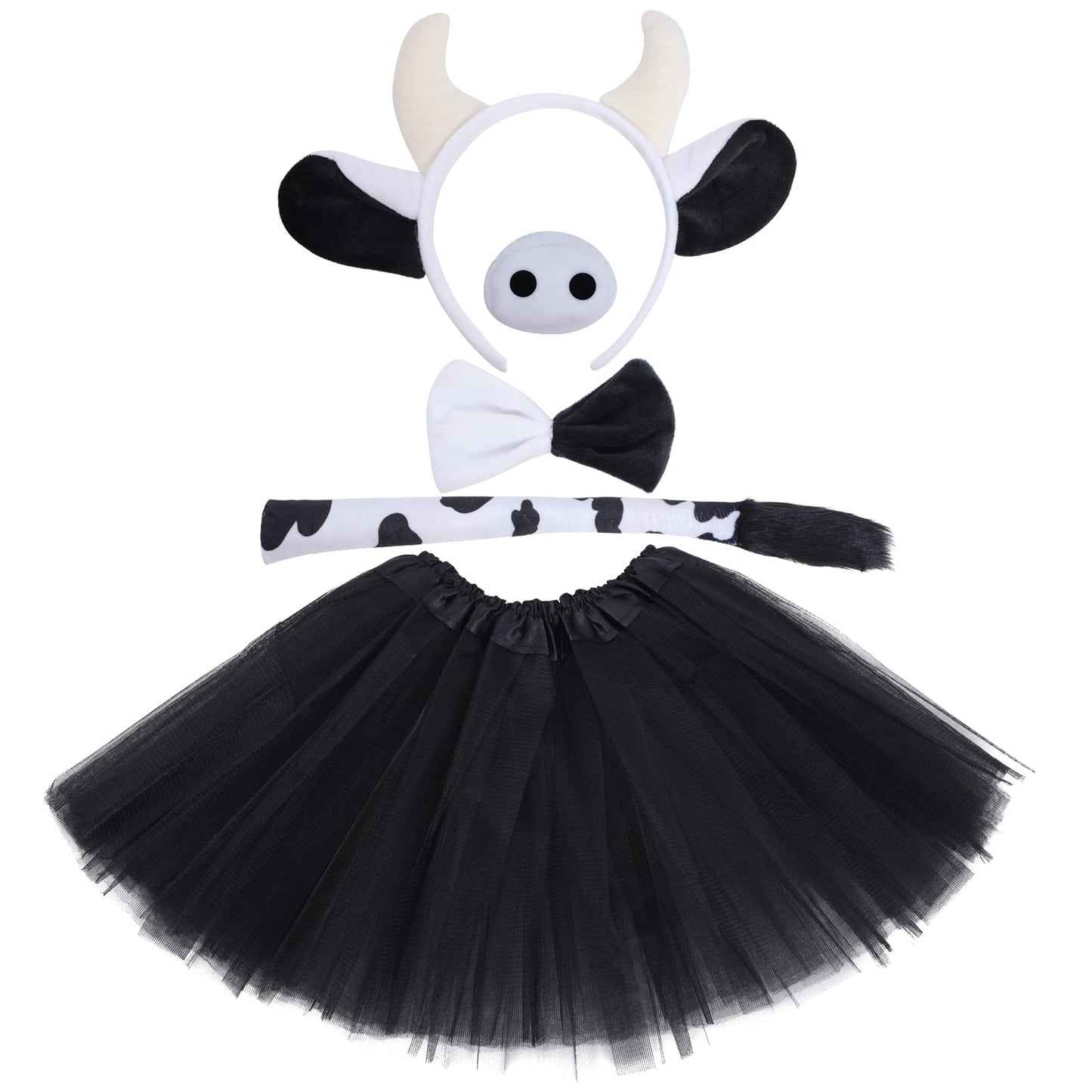 Dxhycc 5 Pieces Milk Cow Costume Set Cow Ears Headband Nose Tail Bowtie Tutu For Halloween Dress Up Animals Cosplay Set