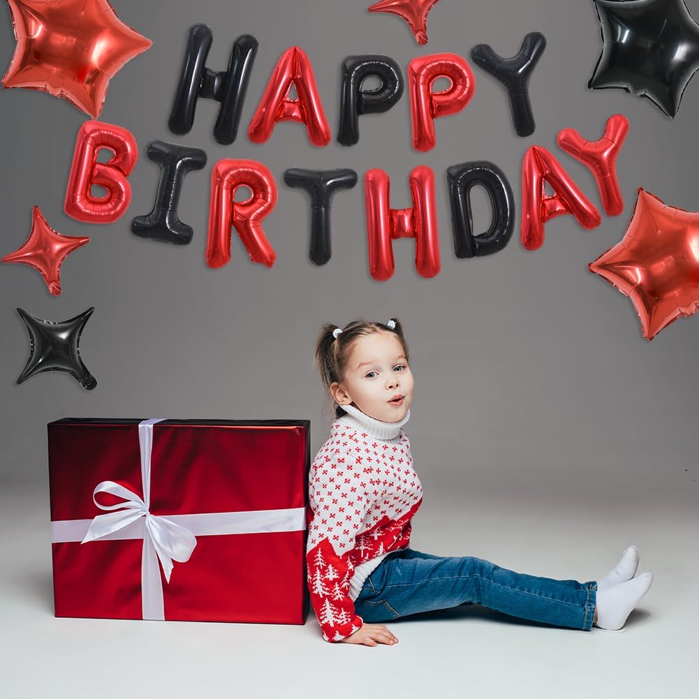 TONIFUL 35PCS 16 Inch Black Red Happy Birthday Balloon Black Red Happy Birthday Balloons Decorations with Star Balloons for Girl