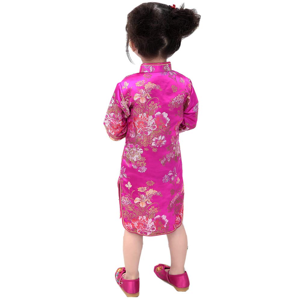Chinese Girls Dress Peony Rose Qipao Half Sleeve Cheongsam Wedding Dresses Princess Birthday Party Costume (Hot Pink,14)