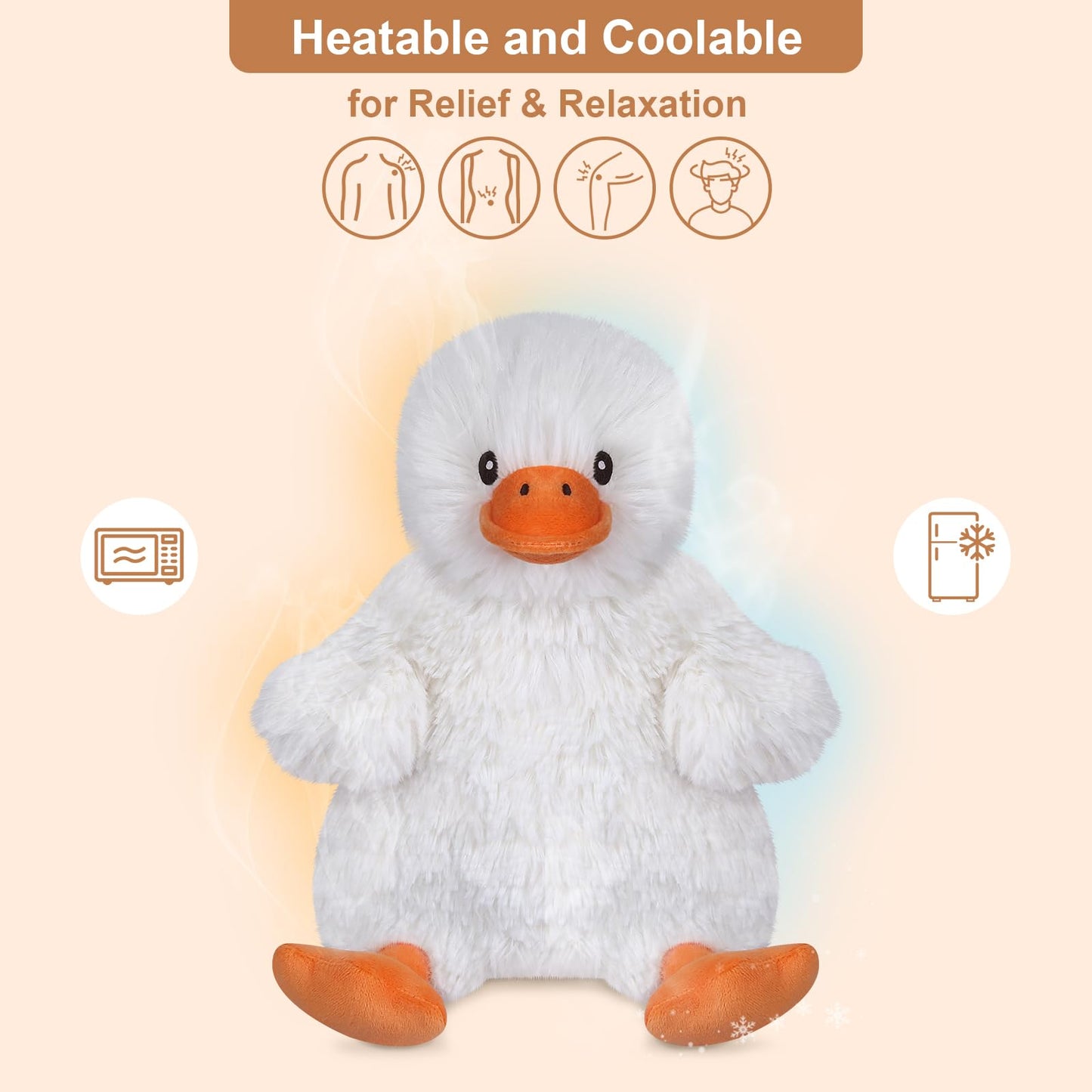 SuzziPals Duck Plush Toy - Coolable & Heatable Stuffed Animal for Stress Relief, White Polyester, Microwavable, Cute Gift for Women & Kids