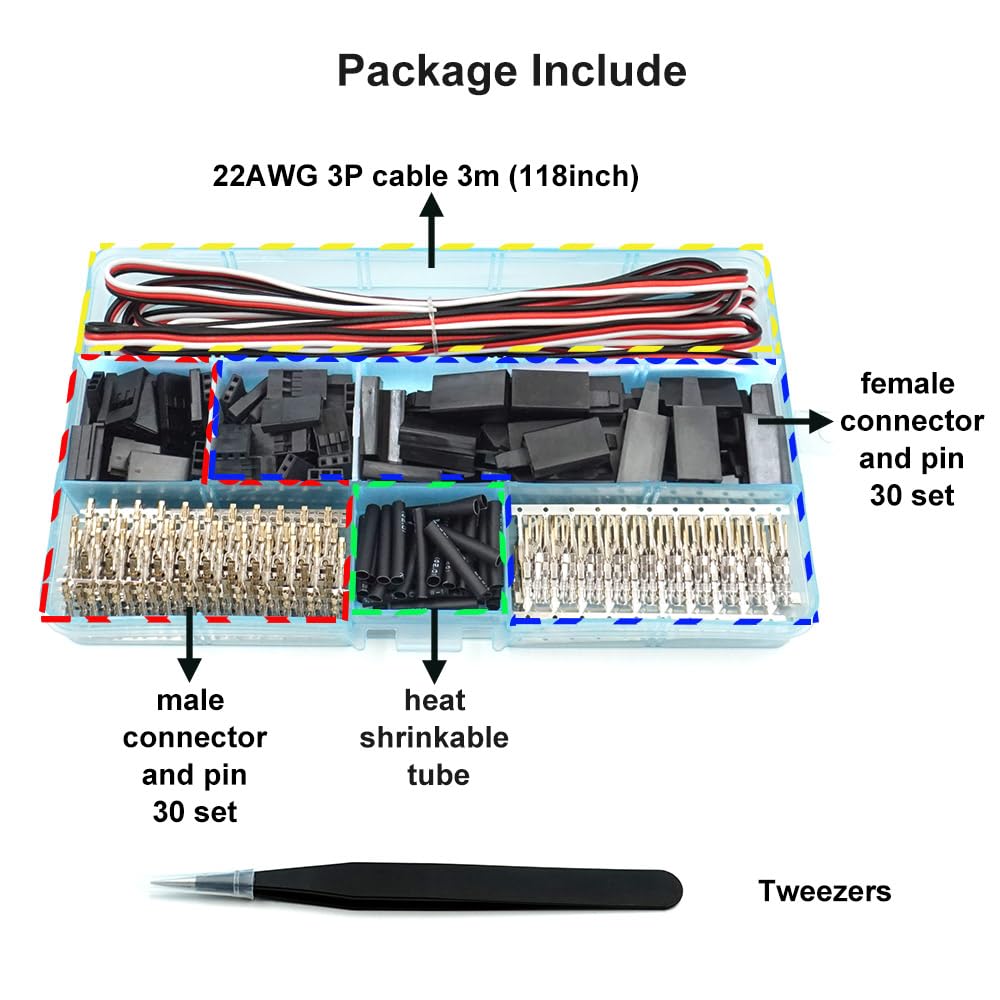 30 Sets Servo Connector Male Female Plug Crimp Pin Cable Kit Compatible with Futaba JR Hitec Spektrum RC Connectors (Without Cri