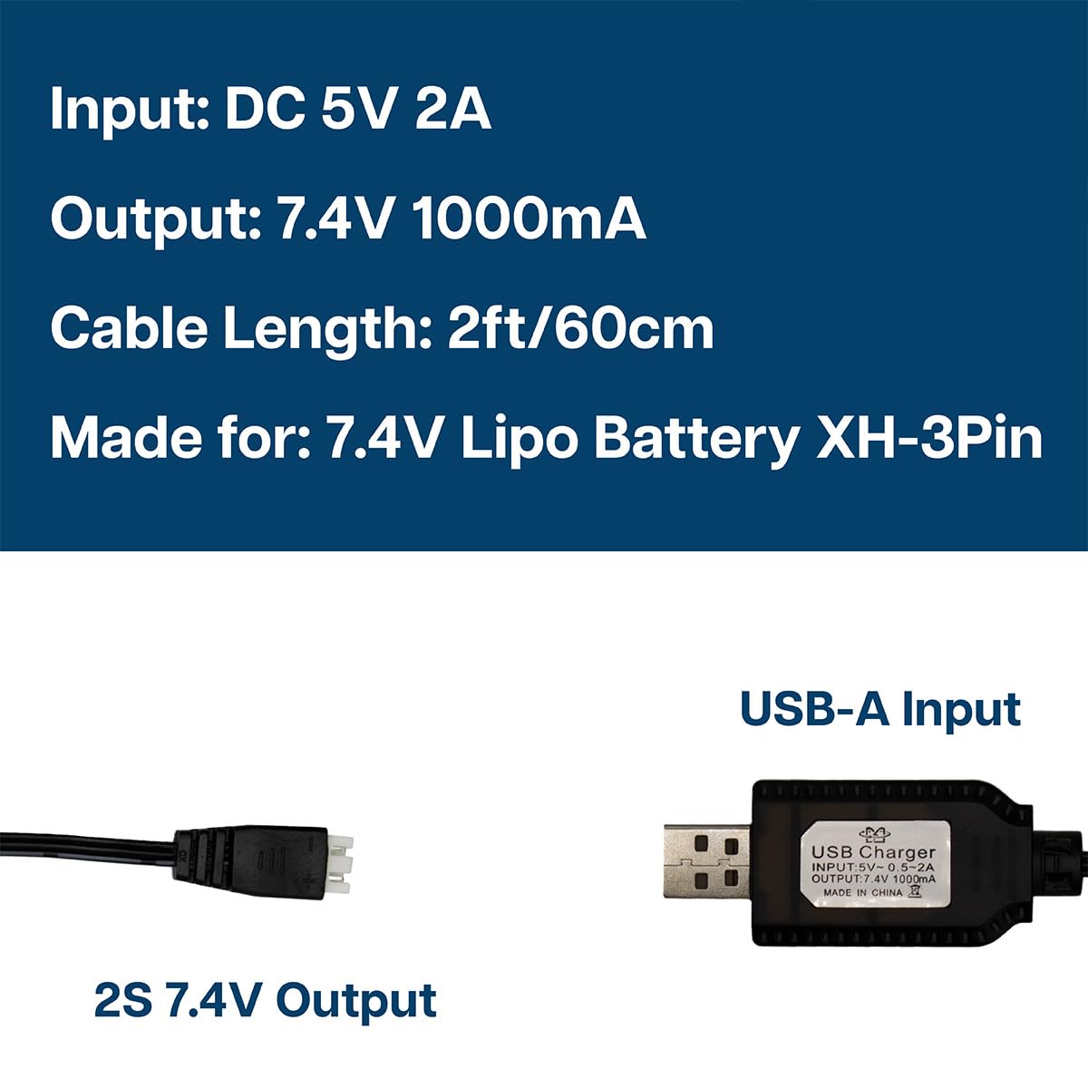 MMOBIEL 2X USB Charger Cable for 7.4V 1A 2S LiPo & Li-ion Batteries - USB to XH-3P Connector for Charging Compatible with Gel Sp