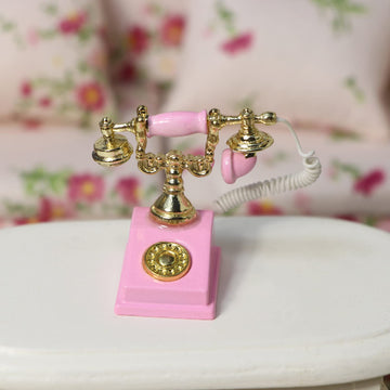 Dollhouse Telephone 1:12 Miniature Vintage Rotary Phone Model Desk Decoration Retro Mini Accessorries For Artificial House Living Room Scene (Pink)