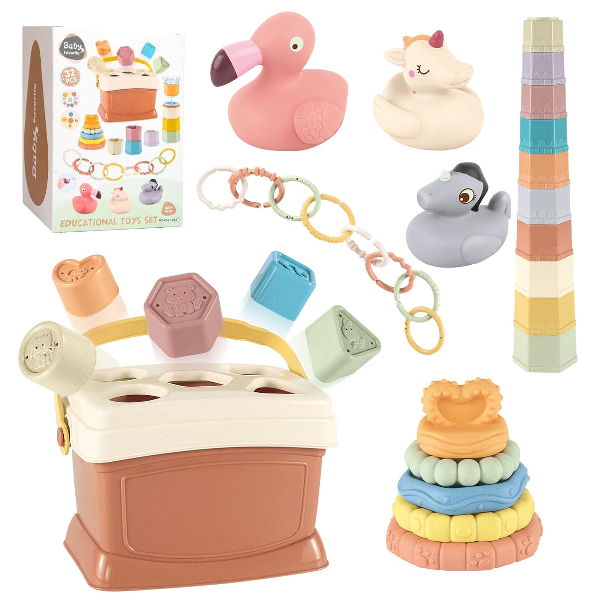 Cosaway 32Packs Baby Toys Set Montessori Toys For Babies 6-12 Months Food-Grade Sensory Toys Infant Stacking Circles Teether Blo