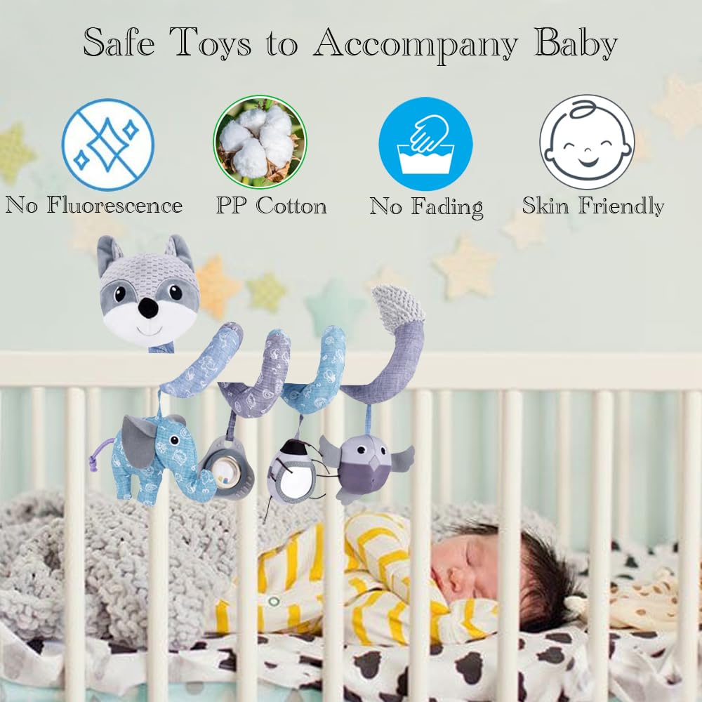 ORZIZRO Baby Plush Spiral Hanging Toys - Medium Gray, Musical Owl & Squeaker Elephant for Stroller, Crib, Car Seat & Bassinet