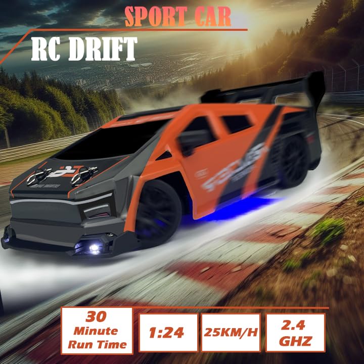 Hturccop 1:24 Rc Cybercar, 2.4Ghz Rc Drift Cars With Led Light, Race Car Toys For Boy Girl 8-12 Years Old, Speed Adjustable 25Km