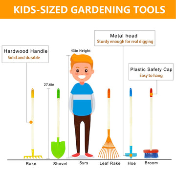 Pomiku Kids Shovel, Rake For Leaves, Spade, Hoe And Broom, 5Pcs Kids Garden Tools, Gardening Yard Outdoor Toy Gifts For Boys Gir