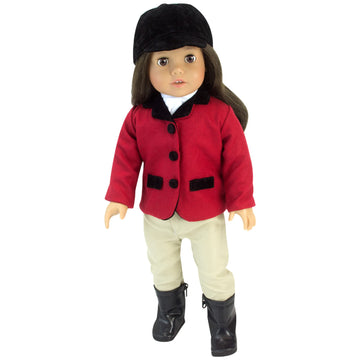 Sophia'S 18' Doll 5 Pc. Equestrian Outfit With Red Riding Jacket, White Dickie Blouse, Tan Jodhpurs Pants, Black Cap And Boots