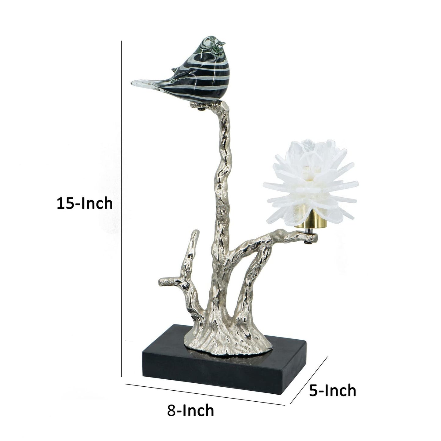 Benjara BM285005 15 in. Sue Accent Decor Figurine Bird on a Branch Flower - Black & Silver