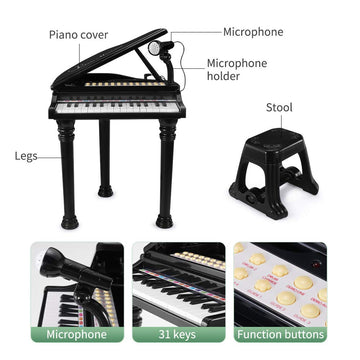 Love&Mini Piano Keyboard Toys For Kids - 31 Keys Toddlers Piano Toys With Microphone And Stool, Black Piano For Kids Age 3+ Year Old Girls Boys Birthday Gifts