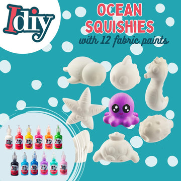 Idiy Diy Party Craft Kit Jumbo Ocean Pals Squishies (8 Unique Sea Animals W 12 Fabric Paints) -White Kawaii Scented Slow Rise Sq