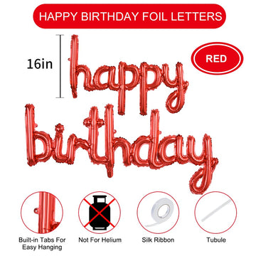 Toniful Red Happy Birthday Balloons Banner, 16 Inch Mylar Foil Script/Cursive Letters Birthday Sign Banner Balloon Reusable Mate