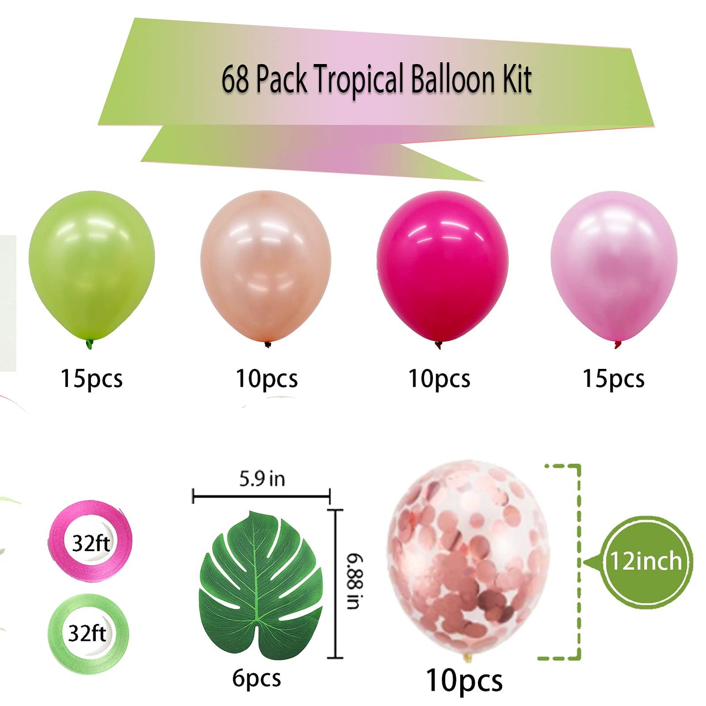 Hawaiian Party Decorations, 68Pcs Tropical Luau Party Decorations Balloons With Palm Leaves For Summer Aloha Moana Tiki Birthday Baby Shower Party Decorations